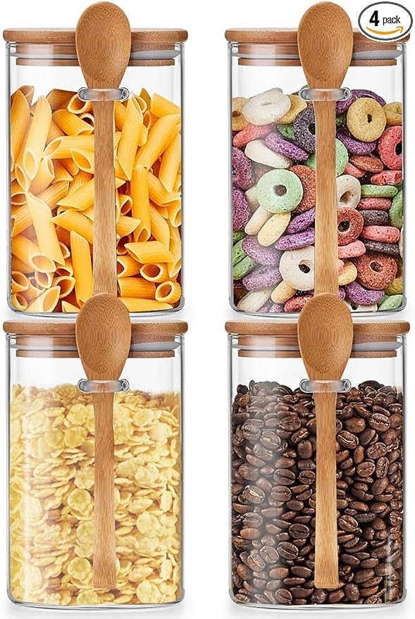 Unbreakable - Glass Jars with Airtight Bamboo Lid and Spoon, 4Pcs 39OZ Overnight Oats Containers, Kitchen Canisters, Glass Food Storage Containers for Coffee Beans, Flour, Sugar, Cookie,Pasta