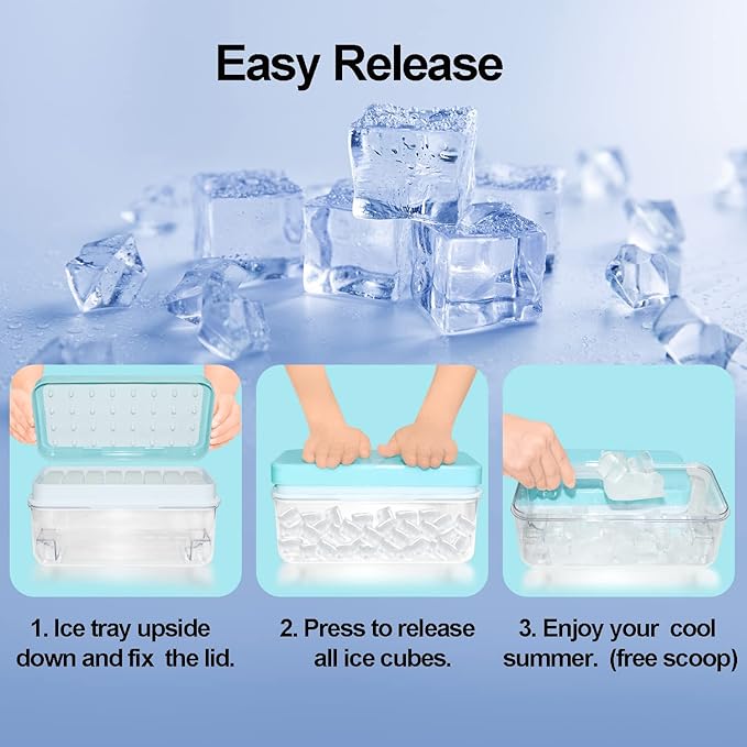 Ice Cube Trays for Freezer With Bin, Scoop, and Press Plate - 2 Tiers, Lid Included