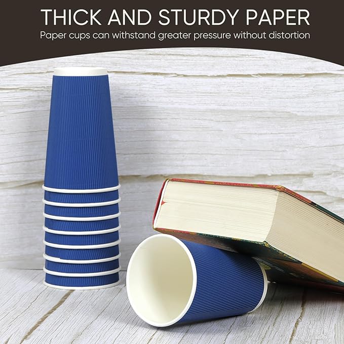 100 Pack 16 oz Disposable Coffee Cups with Lids and Straws, Insulated Ripple Wall To Go Paper Corrugated Cups, Bulk for Hot/Cold Drinks, Cafe Bar, Office, Chocolate, Cocoa (Navy)
