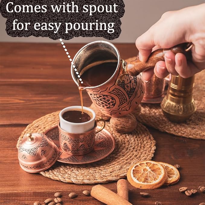 Handmade Hammered Copper Turkish Arabic Moroccan Persian Coffee Chocolate Pot Maker Ibrik Cezve Warmer for Stovetop Stove Top Indian Greek Style Traditional Antique Vintage Fancy Kitchen Decor Pot