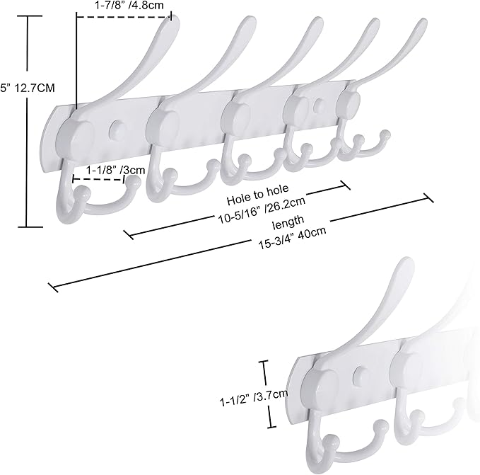 Dseap Wall Mounted Coat Rack - 5 Tri Hooks, Heavy Duty, Stainless Steel, Metal Coat Hook Rail for Coat Hat Towel Purse Robes Mudroom Bathroom Entryway,White
