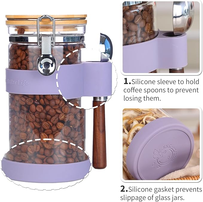 KKC Airtight Coffee Canister, Glass Coffee Bean Storage Contaienr with Silicon Scoop Holder, Non-Slip Silicon Coffee Storage Canister with Spoon for 1 lb Bean,40 Fluid-oz,Taro Purple