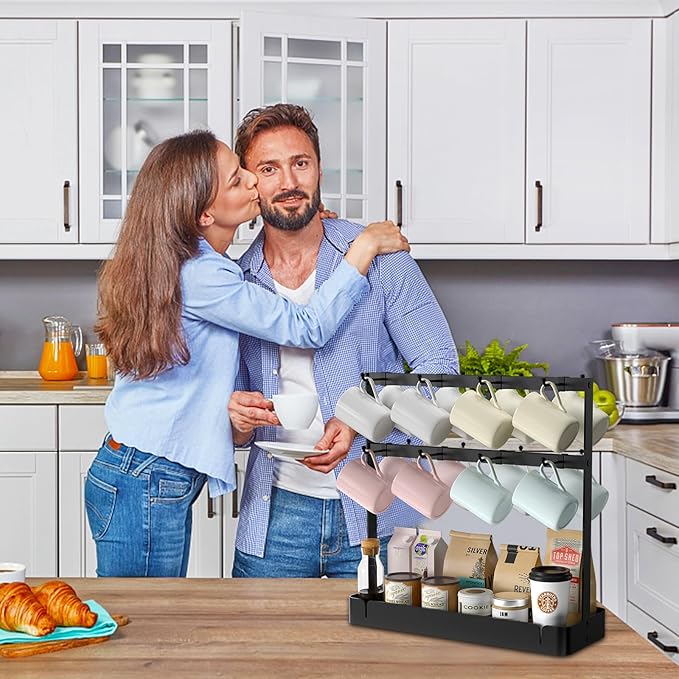 RCHYFEED Countertop Coffee Cup Holder, Aluminum Alloy Mug Holder Organizer with 16 Movable Hooks, 2 Tier Mug Tree Stand Rack with Storage Basket for K Cup Coffee Bar Kitchen