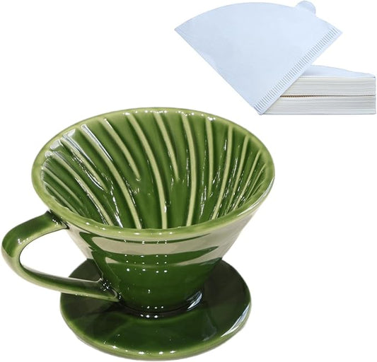 Ceramic Pour Over Coffee Dripper includes 50 Filters Porcelain Coffee Maker 01 Hand Drew Brewing Pottery Green Portable Artisanal Manual Gift for 1-2 People Home, Office, School, Camping