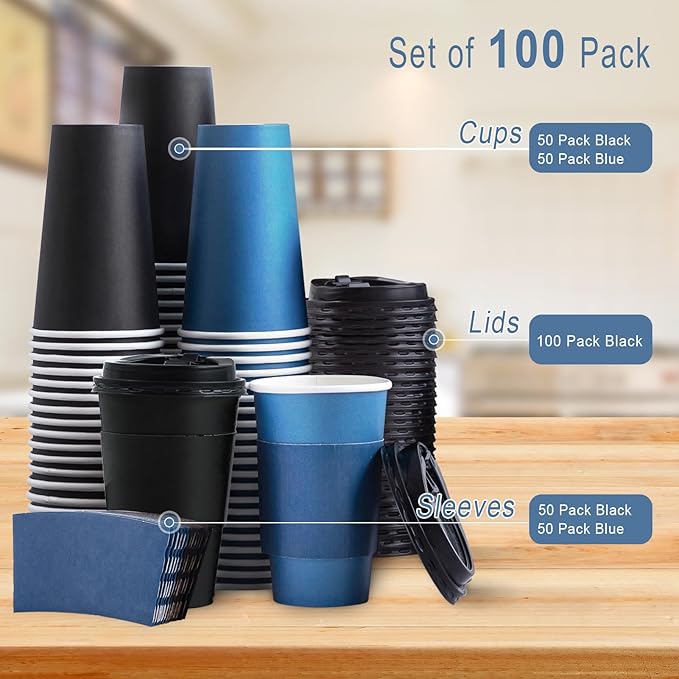 SIUQ 100 Pack 16 oz Disposable Coffee Cups with Lids and Sleeves, To Go Paper Cups, Hot & Cold Drinking Cups for Tea, Coffee, Water, Hot Chocolate, Paper Coffee Cups Ideal for Home,Cafes,Store