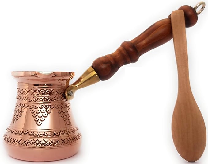 PCZ Series (Small-6 fl.oz) - Thickest Solid Copper Engraved/Stamped Turkish Greek Arabic Coffee Pot with Wooden Handle, Stovetop Coffee Maker Cezve Jezve Jazva Jazzve Ibrik Briki (Shiny)