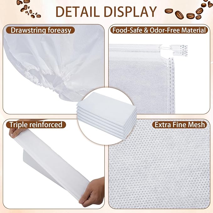 50 Pcs Commercial Cold Brew Coffee Filters for 5 Gallon Buckets & Commercial Cold Brew Coffee Makers, 20" x 20" Disposable Coffee Filters with Drawstring, Brew Up to 5 LBS Coffee, No Tear No Sediment