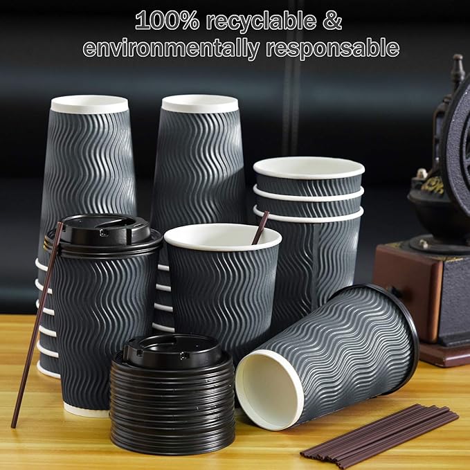 Disposable Coffee Cups with Lids and Straws - 16 oz (90 Set) Togo Hot Paper Coffee Cup with Lid To Go for Beverages Espresso Tea Insulated Reusable Cold Drinks Ripple Cups Protect Fingers From Heat