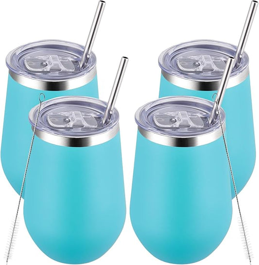 MEWAY Stemless 12oz Insulated Wine Tumbler with Lid and Straw - Double Wall Stainless Steel Thermal Cup for Hot and Cold Drinks, Ideal for Bridal and Baby Shower Game Prizes(Light Green,Set of 4)