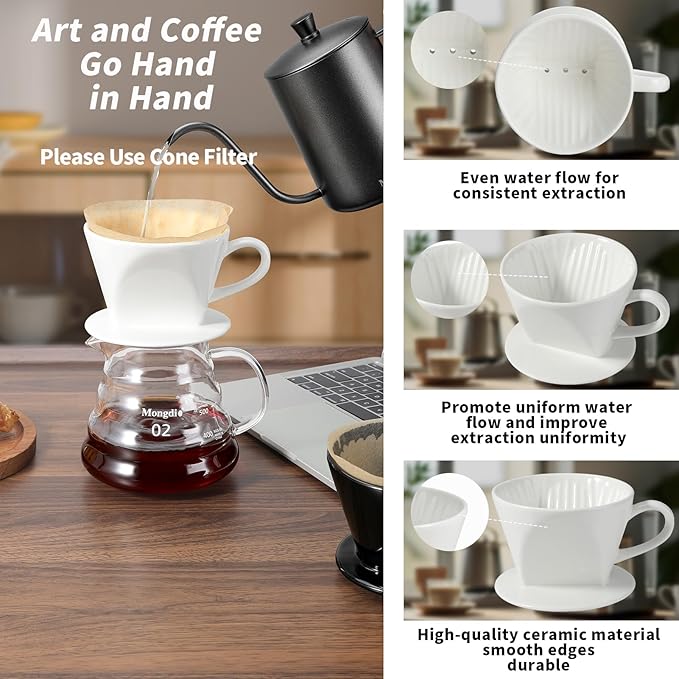 Mongdio Pour Over Coffee Maker, Ceramic Pour Over Dripper, Coffee Pour Over with 3 Holes Flat Bottom, Coffee Accessories for Home, Size 02 White