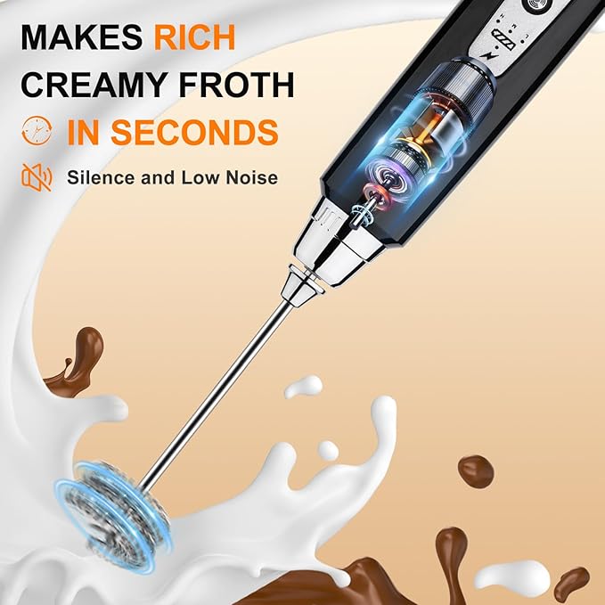 YUSWKO Handheld Milk Frother Wand for Coffee, Rechargeable Electric Whisk with 3 Heads 3 Speeds Drink Mixer Coffee Frother For Latte, Cappuccino, Hot Chocolate, Egg (With Stand, Light Black)