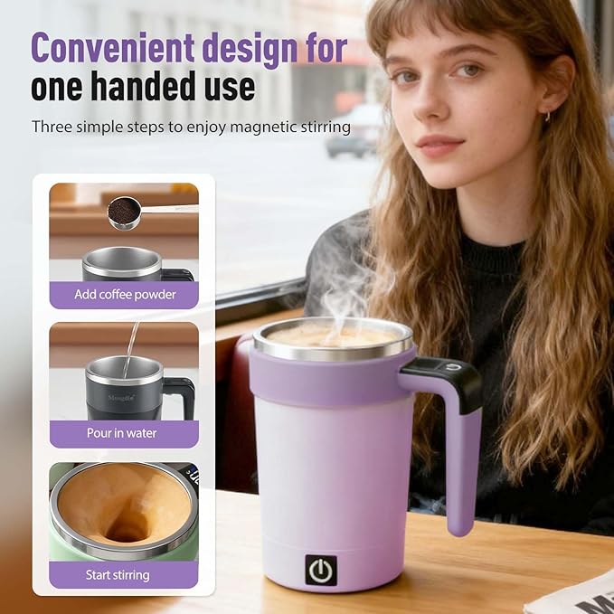 Automatic Magnetic Stirring Coffee Mug, Stainless Steel Automatic Stirring Mug for Coffee, Milk, Cocoa, Portable 13 Oz with Lid and Detachable Base, Ideal Christmas Gift for Coworkers (Green)