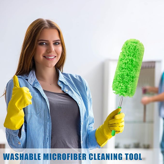 Tanlade 12 Pcs Microfiber Feather Duster for Cleaning 13-31 Inch Extendable Cobweb Dusters Ceiling Fan Duster Washable Bendable Tool for Office Car Window Furniture (Green)