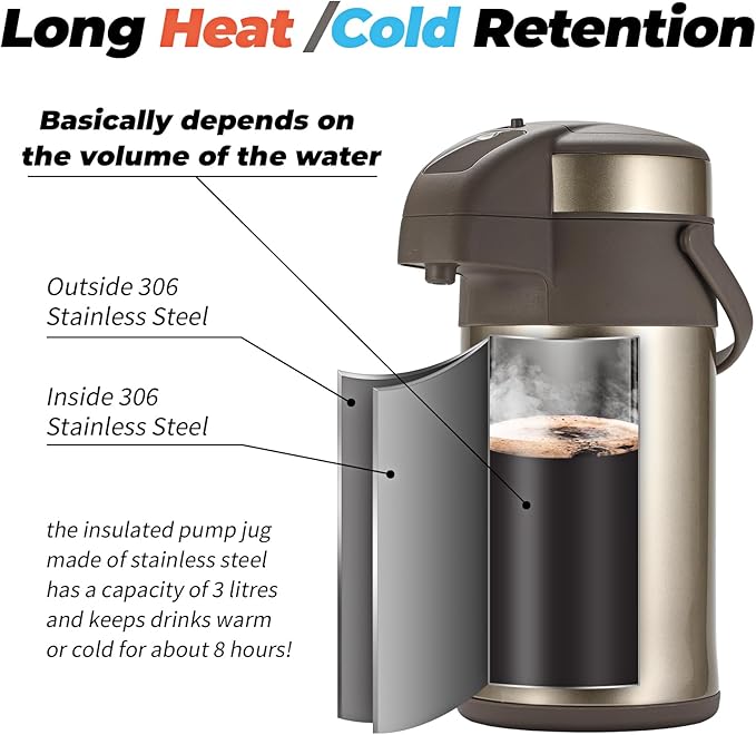 OJOJ 3L/101OZ Thermal Coffee Carafe with Pump, Thermal Beverage Dispenser, Coffee Airpot Stainless Steel Coffee Carafe for Hot Drinks Gold