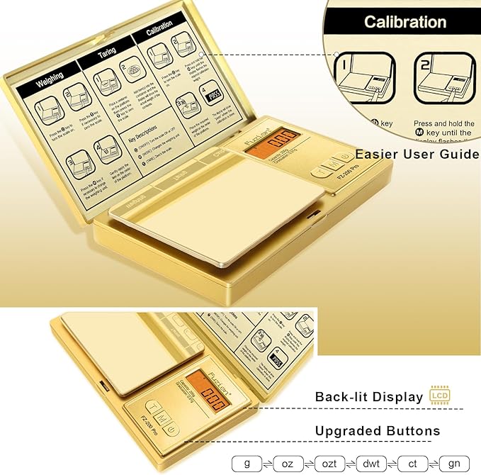 Fuzion Digital Pocket Gram Scale .01 Gram Accuracy, Gold Titanium Plating, 200g Small Digital Scale, Mini Jewelry Scale for Food, Herb, Spice, Coin - Weight Gram and Oz - 100g Calibration Weight