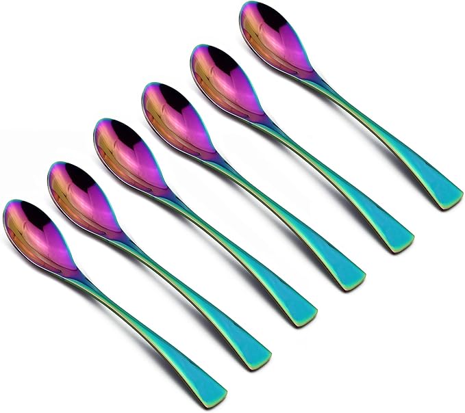 8 Inches 18/10 Stainless Steel Dessert Spoon, Mirror Finished Colorful Rainbow, Set of 6