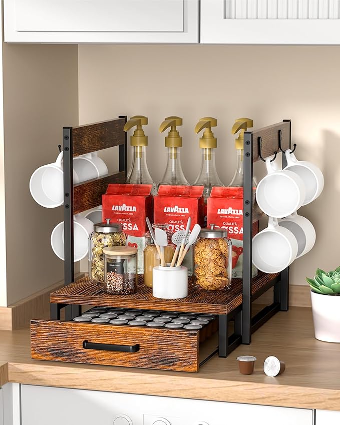 Evermagin Coffee Pod Drawer Compatible with Nespresso Original Line, 63 Pods Coffee Organizer with Cup Holder, Durable Coffee Maker Stand with Storage Drawer, Rustic Brown