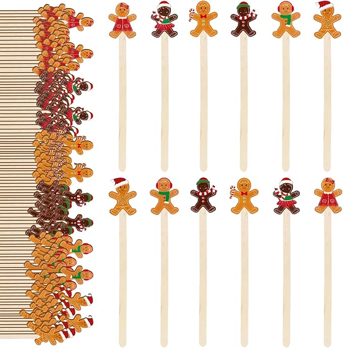 120Pcs Christmas Coffee Stirrers Gingerbread Man Stir Sticks Xmas Wooden Drink Stirrers Disposable for Home Office Bar Restaurant Party Supplies