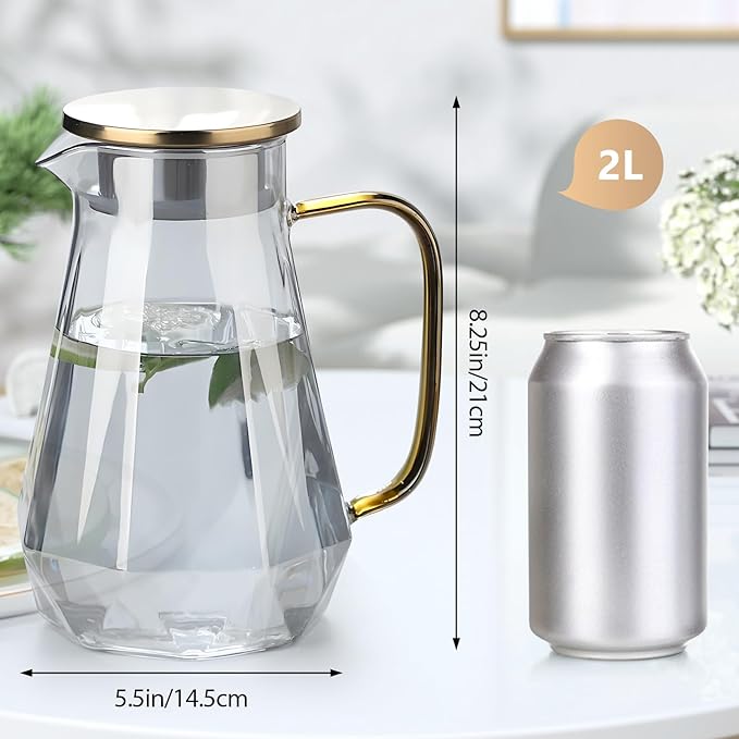 AstraLoom 2 Liter 68oz Glass Pitcher with Leak-Proof Lid - Borosilicate Glass Heat Resistant Carafe,with Handle for Hot/Cold drinks - Iced tea, Juice, Coffee, Featuring Diamond-Cut Design