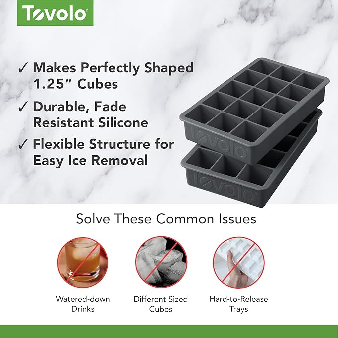 Tovolo Silicone Ice Cube Tray Charcoal Gray Pack of 2 BPA Free Ice Tray Mold for Coffee Drinks Cocktails, Dishwasher Safe Easy Release Perfect 1 Inch Cube Ice Tray for Whiskey Bourbon Spirits