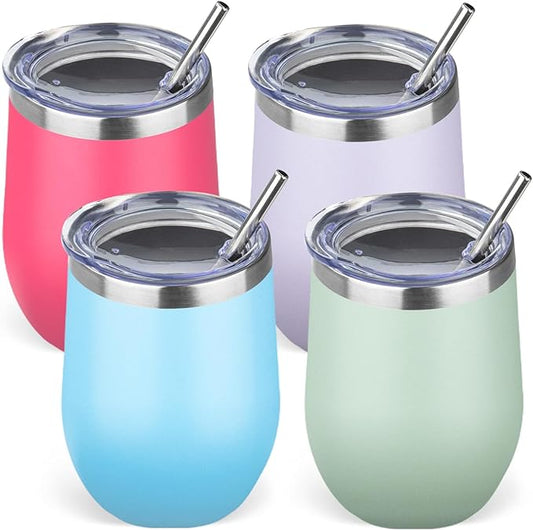 12oz/4 Pack Stainless Steel Wine Tumbler with Lid and Straw, Double Wall Vacuum Insulated Wine Tumbler Glasses, Stemless Travel Mugs for Hot and Cold Drinks, Coffee, Wine, Cocktails