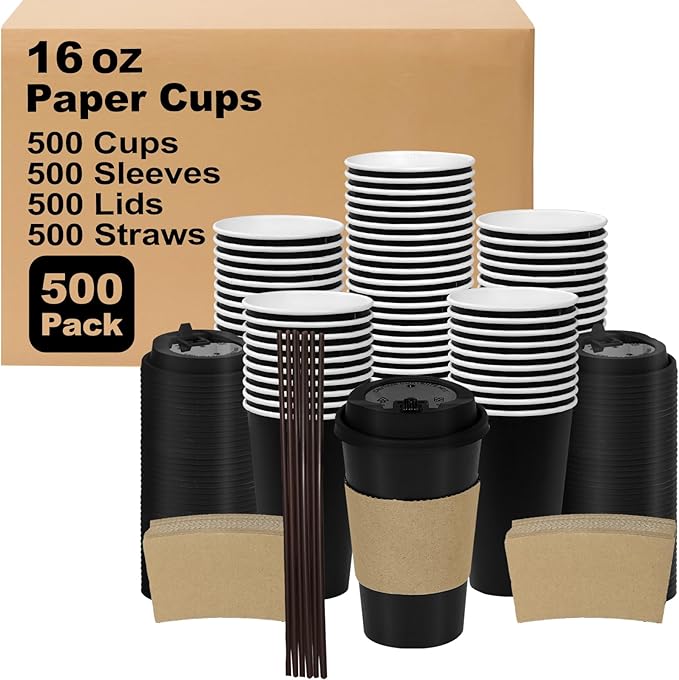 16 oz 500 Pack Coffee Cups with Lids and Sleeves, Straws, Hot Disposable To Go Travel Paper Cups Bulk for Office, Home Coffee Bar Accessories, Chocolate, Cocoa, Beverage (Black)