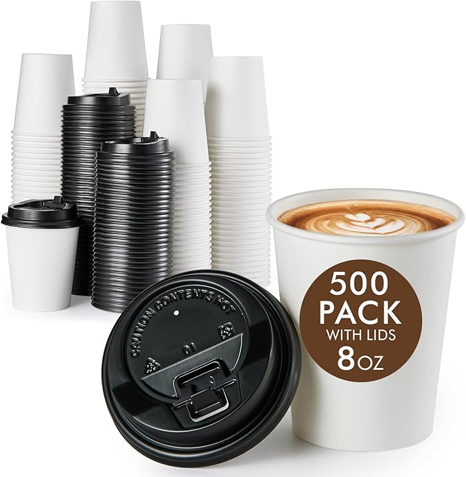 Vplus 500 Pack 8 OZ Paper Coffee Cups, Disposable 8 OZ Coffee Cups With Lids, Cold/Hot Drinking, For Home, Traveling, Stores, Office, And Events