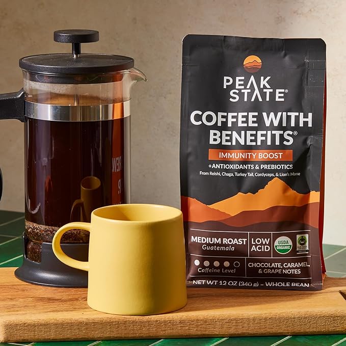 Peak State Coffee with Benefits, 3 Bag Variety Pack, Mushroom Coffee, Low Acid & Smooth, Immunity Boost, Brain Sustain & Stress Less, Organic Whole Bean Coffee, Gluten Free, 12 oz. Each