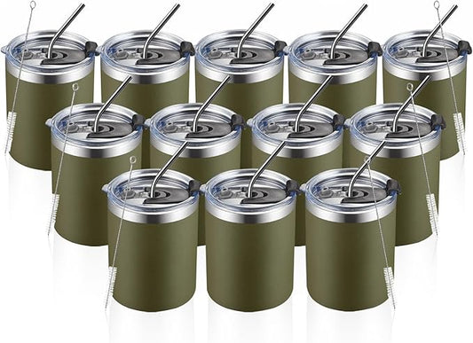 MEWAY 12 oz Lowball, Tumbler Stainless Steel Double Wall Vacuum Insulated Mug with Straw and Lid, Cleaning Brush ，Durable Powder Coated Insulated Coffee Cup for Cold & Hot Drinks (Army Green,12)