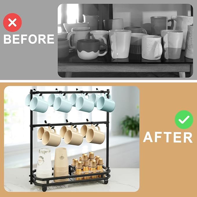 Coffee Mug Holder for Countertop, Coffee Cup Holder Rack with 14 Hooks, Metal Mug Tree Stand with Storage Base for K Cup Coffee Pod Paper Cups Tea Bag - Black