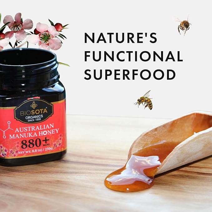 BIOSOTA Organic Manuka Honey MGO 800+ - Medical Grade Manuka Honey from Australia, 100% Raw Unheated Pure Honey, 8.8oz (800+) (MGO 800+)