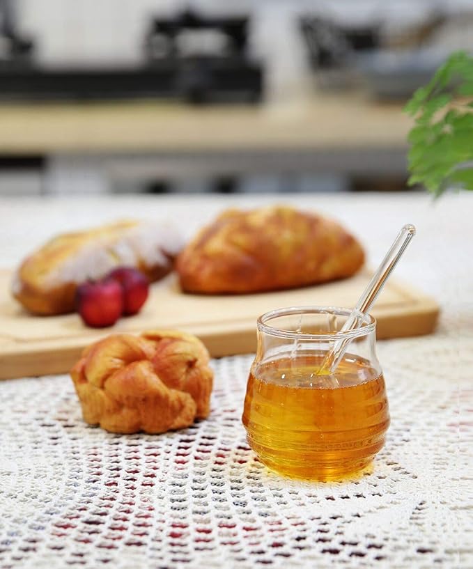 Mkono Honey Dispenser Glass Honey Jar with Dipper and Lid Honey Pot Container for Home Kitchen Storing Honey and Syrup,9 Ounce