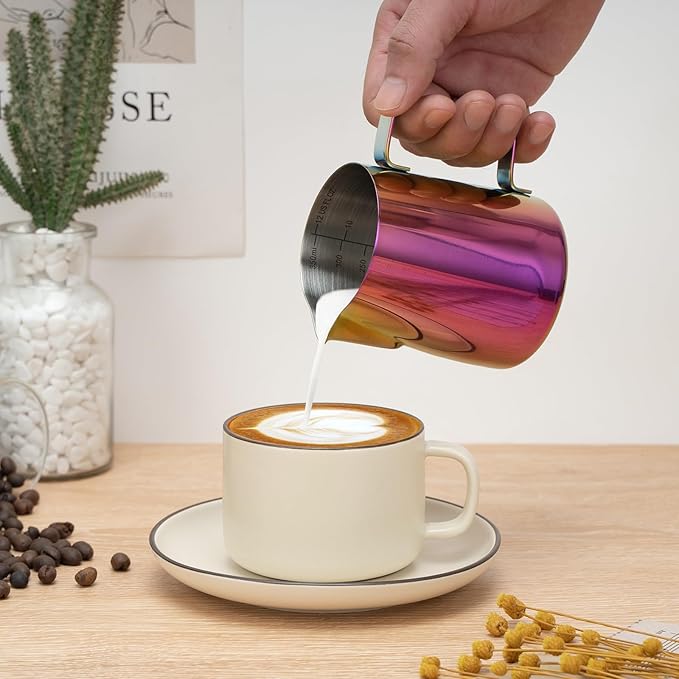 Milk Frothing Pitcher, 12 oz Milk Frother Cup with Clear Scale, 304 Stainless Steel Cappuccino Espresso Machine Accessories for Barista Coffee Bar with Latte Art Pen, Multipurple