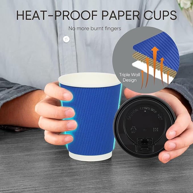 100 Pack 12 oz Disposable Coffee Cups with Lids and Straws, Insulated Ripple Wall To Go Paper Corrugated Cups, Bulk for Hot/Cold Drinks, Cafe Bar, Office, Chocolate, Cocoa (Navy)
