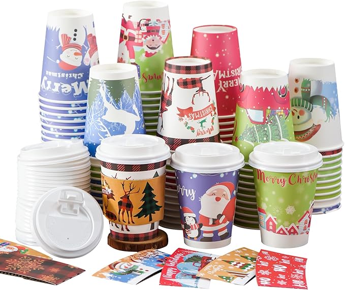 Christmas Cups with Lids and Sleeves 12oz Disposable Coffee Cups with Lids Hot Chocolate Cups 10 Designs, Christmas Paper Cups for Hot Cocoa Bar Supplies, 90 Pieces