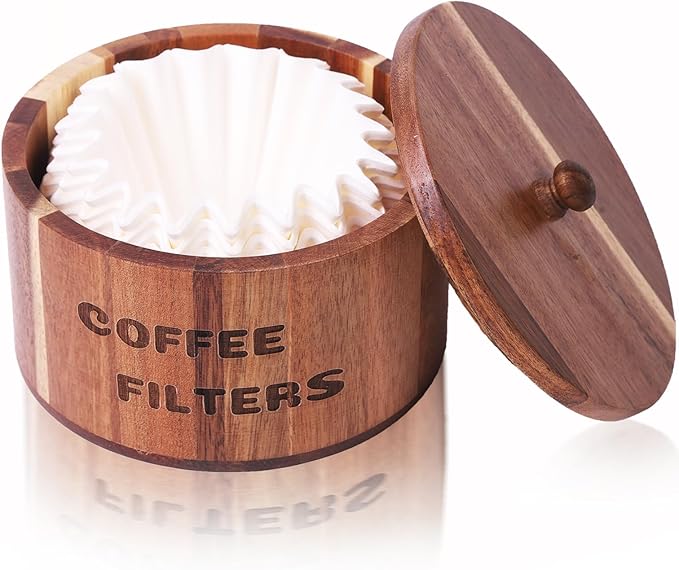 Natural Acacia Wood Coffee Filter Holder with Lid, Multi-Use Countertop Organizer for Coffee Filters, Pods, Beans - Rustic Kitchen Decor