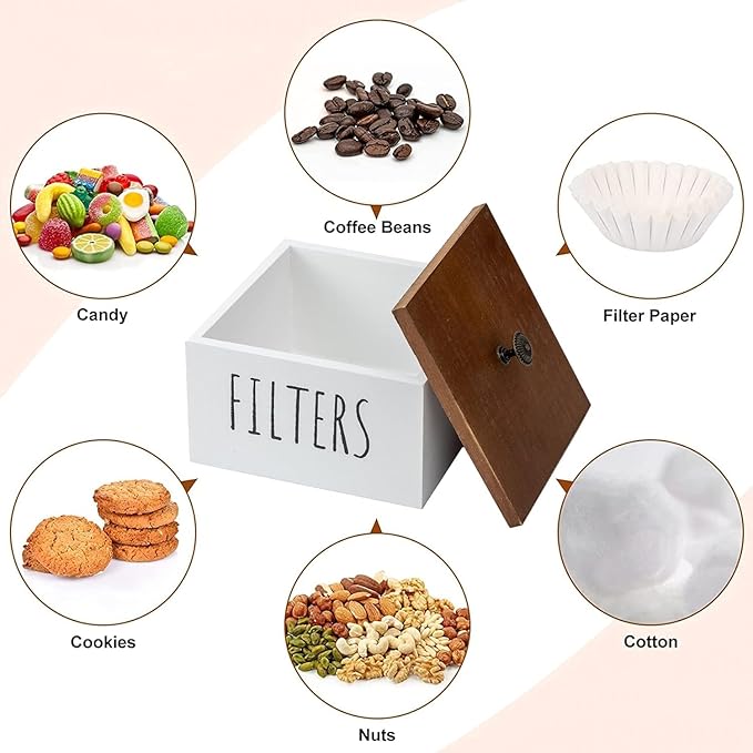 Wooden Coffee Filter Holder - Container With Lid, Rustic Dispenser Basket for Bar Decor, Farmhouse Accessories (White)