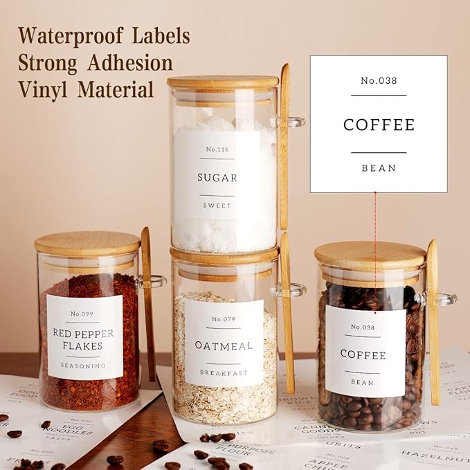 Glass Jar with Bamboo Lid and Spoon - 4 Pcs 17 oz Sugar Container with 132 Food Pantry Labels - Glass Containers with Wooden Lids Hold Coffee, Tea, Candy