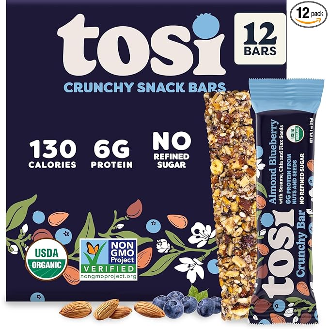 Tosi Nut Bars, Almond Blueberry, Healthy Snacks for Adults & Kids, Plant Based Crunchy Bars (5G Protein), Organic Keto Snacks, Vegan, Gluten & Soy Free, Low Sugar, Omega 3s, 1oz, 12-Pack