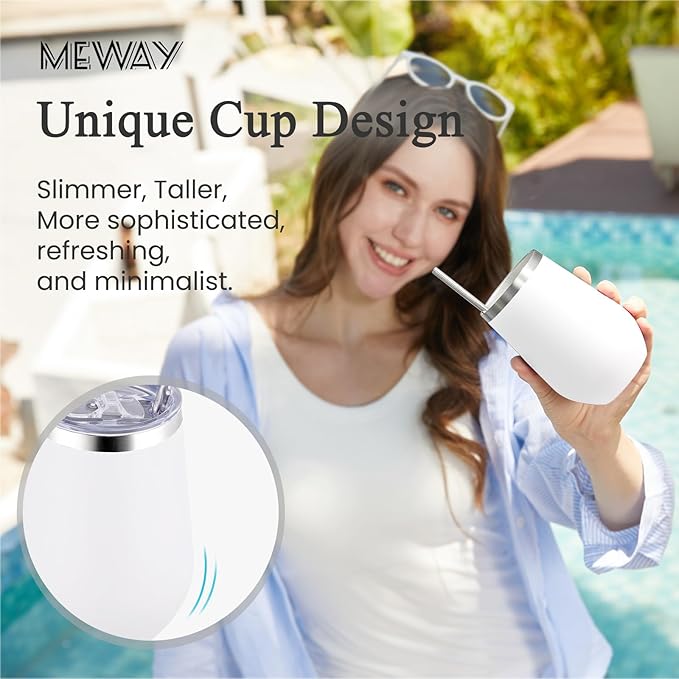 MEWAY Durable 12oz Stainless Steel Wine Tumbler with Lid and straw - Vacuum Insulated Coffee and Wine Cup for Travel, Parties, and Outdoor Events(White, Set of 4)