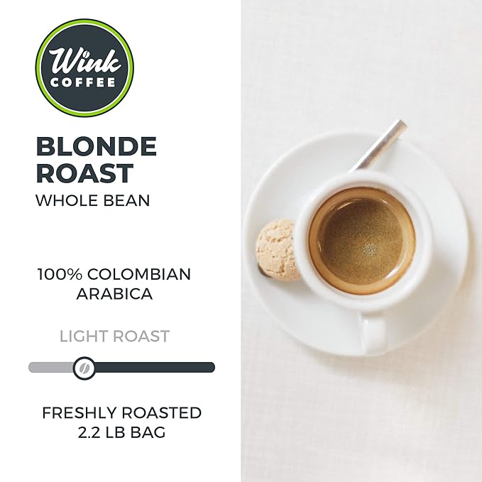 Wink Coffee Blonde Roast, Light Roast Whole Bean Coffee, Large 2.2 lb bag, Single Origin Colombian Arabica Beans, Small-Batch, Smooth, Sustainably Sourced