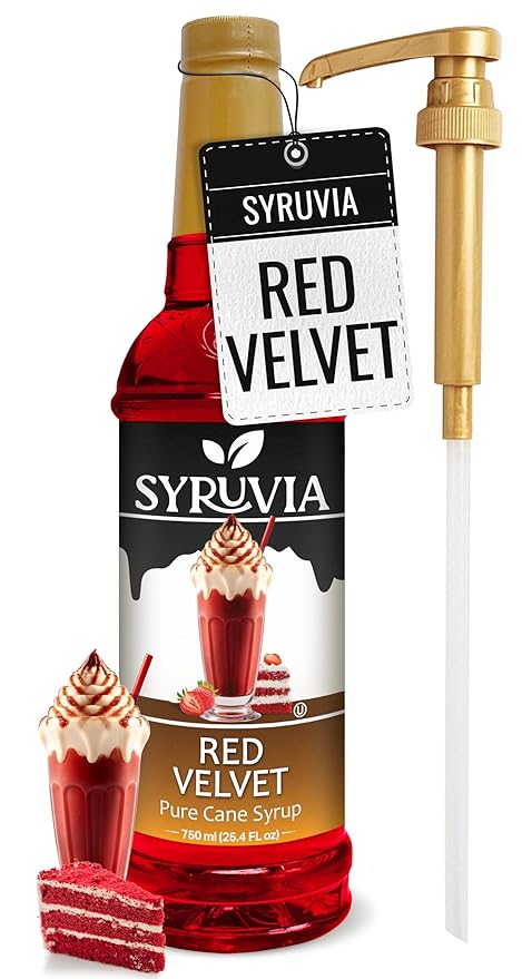 Syruvia Red Velvet Coffee Syrup - 25.4 fl oz Premium Coffee Flavoring Syrup - Kosher Coffee Syrups, Gluten Free, No Coloring, Perfect for Drinks, Soda, Shakes, Desserts, and More With Pump