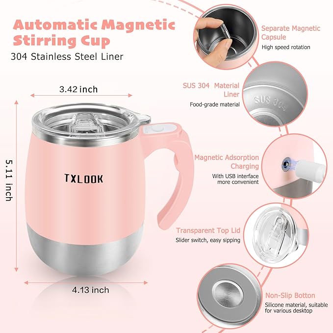 Self Stirring Mug, Rechargeable Automatic Magnetic Stirring Coffee Mug with Transparent Lid, Waterproof Stainless Steel Electric Mixing Cup, Can Stir Milk/Coffee/Cocoa Powder, Suitable for Office/Home