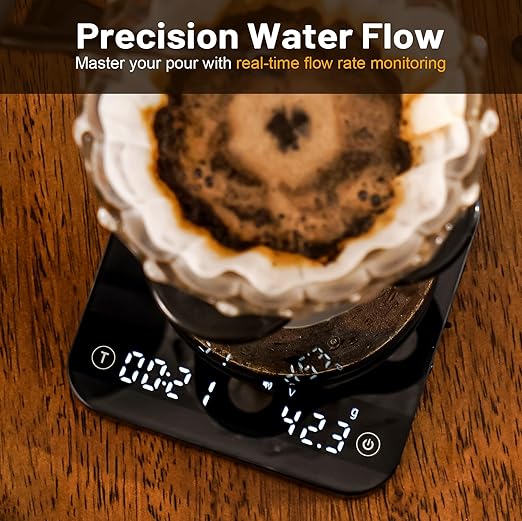 KitchenTour CaféMetric Coffee Scale with Timer 0.1g/2000g - Precision Scale for Espresso & Pour Over - Water Flow Speed Mode and Coffee Powder-to-Liquid Ratio Mode - Rechargeable, LCD Display-Black