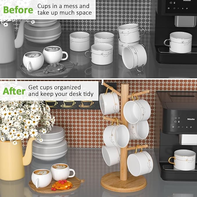 Wisuce Coffee Mug Tree Bamboo Mug Holder Coffee Cup Stand Mug Holders for Countertop Coffee Mug Rack Organizer Stand with 6 Hooks