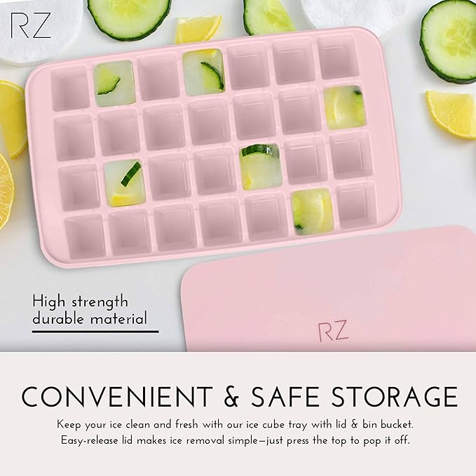 Rachel Zoe 2-Piece Stackable Ice Cube Tray with Bin Set, BPA Free 56 Cubes Ice Tray for Freezer with Bucket, Scoop and Easy Release Lid, for Fruit & Herb Infusions, Cocktails, Iced Coffee Drinks