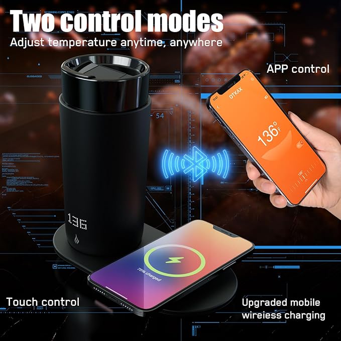 Temperature Control Heated Coffee Mug Smart Self Heating Travel Mug 12 Oz App Controlled Warmer Mug 4-10 Hour LED Display Keep Coffee Hot All Day Fast Wireless Charger Base Iron Black
