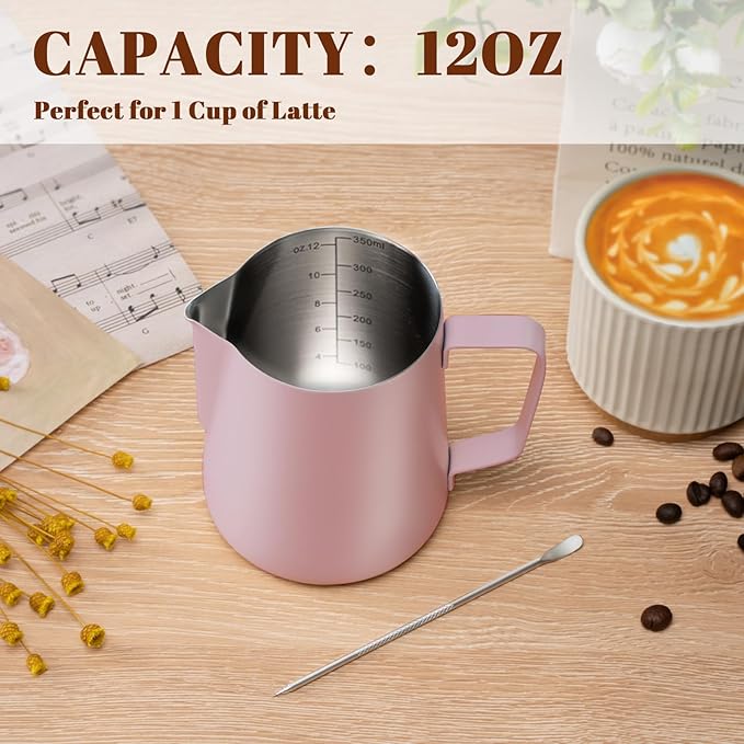 Milk Frothing Pitcher, 12 oz Milk Frother Cup with Clear Scale, 304 Stainless Steel Cappuccino Espresso Machine Accessories for Barista Coffee Bar with Latte Art Pen, Pink
