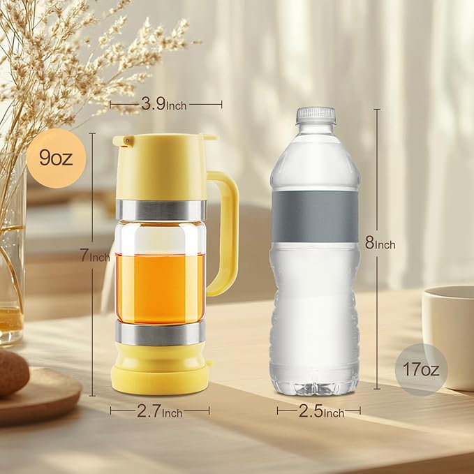 Neodaco Honey Dispenser No Drip with Stand, 9 OZ Glass Honey Jar Pot, Syrup Dispenser for Coffee or Tea, Easy One Hand Use, Yellow
