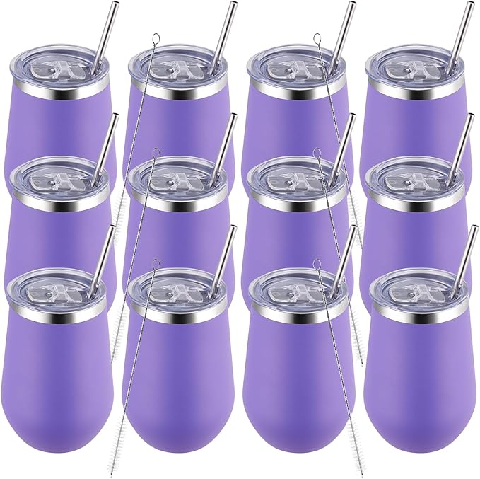 MEWAY 12oz Stainless Steel Wine Tumbler with Lid and Straw - Double Wall Stainless Steel Coffee Mug, Gift for Woman Under 10 dollars， 12 Pack Bulk tumblers(Purple,Set of 12)